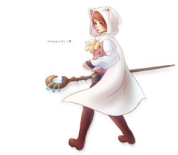 1990s_(style) 1boy androgynous animal_hood arc_(ff3) bad_id bad_pixiv_id boots brown_eyes brown_hair cape cat_hood cocura devout final_fantasy final_fantasy_iii fingerless_gloves from_behind gloves hood looking_back male_focus open_mouth retro_artstyle seer solo staff translation_request white_mage_(final_fantasy)