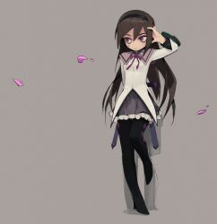 1girl absurdres against_wall akemi_homura akemi_homura_(magical_girl) arm_behind_back bandaid bandaid_on_cheek bandaid_on_face black_hair black_hairband black_pantyhose breasts commentary english_commentary frown full_body geniski66 grey_skirt hairband hand_in_own_hair high_heels highres looking_to_the_side mahou_shoujo_madoka_magica mahou_shoujo_madoka_magica_(anime) miniskirt mitakihara_school_uniform pantyhose petals purple_eyes school_uniform skirt small_breasts solo