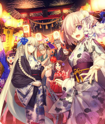 2boys 4girls alternate_costume black_hair blue_eyes brown_hair bug butterfly caramel_apple facial_hair fan fate/grand_order fate_(series) fireworks flower fou_(fate) grey_eyes highres honjou_raita insect james_moriarty_(archer)_(fate) japanese_clothes kadoc_zemlupus kimono leonardo_da_vinci_(fate) leonardo_da_vinci_(fate/grand_order) leonardo_da_vinci_(rider)_(fate) long_hair mash_kyrielight morgan_le_fay_(fate) multiple_boys multiple_girls mustache official_art ponytail purple_eyes saint_quartz_(fate) short_hair smile takeuchi_takashi white_hair
