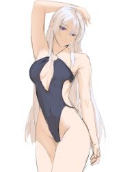 1girl ak-15_(girls&#039;_frontline) alternate_costume arm_up bare_arms bare_shoulders blue_one-piece_swimsuit breasts chika_232 closed_mouth covered_navel cowboy_shot expressionless girls&#039;_frontline hair_over_one_eye highleg highleg_one-piece_swimsuit highres long_hair looking_at_viewer medium_breasts o-ring o-ring_swimsuit one-piece_swimsuit purple_eyes sketch solo swimsuit thighs white_hair