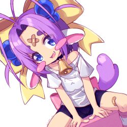 1girl animal_ears antenna_hair bandaid bandaid_on_face bandaid_on_forehead bandaid_on_leg bell black_shorts blue_eyes blush_stickers bow commentary dolly_(dollymemeko) dutch_angle fang flat_chest hair_intakes indie_virtual_youtuber kiirokuma looking_at_viewer medium_hair neck_bell open_mouth pink_socks purple_hair shirt short_shorts shorts simple_background sitting socks solo striped_clothes striped_socks tail thick_eyebrows virtual_youtuber white_background white_shirt