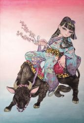 1girl aqua_background black_hair blue_eyes blunt_bangs bull flower gradient_background hair_ribbon highres horns japanese_clothes kimono kuniko0u0 long_hair long_sleeves looking_at_viewer obi original pink_background pink_flower print_kimono purple_ribbon ribbon rope sandals sash smile socks solo white_socks
