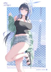 1girl absurdres against_fence aqua_cardigan bare_legs black_camisole black_hair blue_archive blue_hair blush breasts camisole cardigan chain-link_fence character_name cleavage copyright_name denim denim_shorts fence halo headphones headphones_around_neck highres large_breasts lei_(shuanglei2) looking_at_viewer midriff official_alternate_costume sandals saori_(blue_archive) saori_(swimsuit)_(blue_archive) short_shorts shorts solo toes