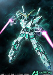 amasaki_yusuke company_name copyright_logo copyright_name copyright_notice dual_wielding energy_sword english_text flying full_body glowing glowing_eyes green_eyes gundam gundam_arsenal_base gundam_unicorn holding mecha mecha_focus no_humans official_art robot science_fiction solo space sword unicorn_gundam v-fin weapon