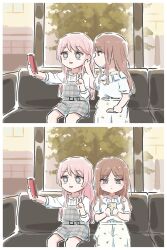 Rule 34 | 2girls, bang dream!, bang dream! it&#039;s mygo!!!!!, blue eyes, cellphone, chihaya anon, commentary, dress, frozen, grey dress, grey eyes, highres, holding, holding phone, long hair, lyy, multiple girls, nagasaki soyo, phone, pinafore dress, plaid clothes, plaid dress, shirt, short sleeves, sitting, sleeveless, sleeveless dress, smartphone, v, white shirt