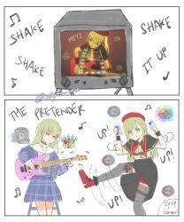2girls bang_dream! bang_dream!_it&#039;s_mygo!!!!! black_capelet black_skirt blue_dress capelet choker closed_mouth commentary dayne_duh dress dual_persona eighth_note english_commentary english_text green_hair grey_thighhighs guitar_hero hat highres long_hair mortis_(bang_dream!) multiple_girls musical_note nintendo_switch official_art_inset plaid_clothes plaid_dress red_hat red_shoes see-through_clothes see-through_sleeves shoes simple_background skirt smile television thigh_strap thighhighs twitter_username wakaba_mutsumi white_background yellow_eyes