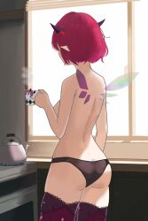 1girl ass asymmetrical_wings bare_arms bare_back bare_shoulders black_panties black_wings breasts butt_crack cowboy_shot crystal_wings cup from_behind highres holding holding_cup hololive hololive_english horns indoors irys_(casualrys)_(hololive) irys_(hololive) irys_(irys_2.0)_(hololive) kettle kitchen kitchen_range lace lace-trimmed_thighhighs lace_trim median_furrow medium_breasts mismatched_wings neyjakklin nude official_alternate_hairstyle panties pointy_ears purple_hair purple_thighhighs red_hair short_hair skindentation solo standing thighhighs topless_female two-tone_wings underwear virtual_youtuber white_wings window wings