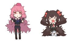 2girls big_hair black_shirt black_skirt bow brown_gloves chibi crying d: ganesagi girls&#039;_frontline gloves hair_bow hat knee_pads multiple_girls ntw-20_(girls&#039;_frontline) open_mouth pantyhose parted_lips pink_hair pink_hat pleated_skirt red_bow red_eyes sailor_collar school_uniform serafuku shirt short_sleeves sitting skirt standing sweatdrop t_t tears type_97_(girls&#039;_frontline) white_sailor_collar