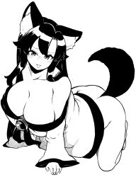 Rule 34 | 1girl, absurdres, animal ear fluff, animal ears, blush, bottomless, breasts, cleavage, collarbone, dress, full body, high contrast, highres, himajin noizu, imaizumi kagerou, large breasts, long hair, monochrome, off-shoulder dress, off shoulder, open mouth, sidelocks, simple background, solo, touhou, wolf ears, wolf girl