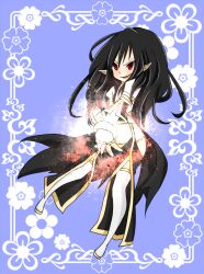 1girl black_hair black_pants blue_background blush commentary_request crop_top fingerless_gloves floral_background front_slit full_body gloves glowing long_hair looking_afar magic meiko_(nattu303) midriff open_mouth panties pants pointy_ears ragnarok_online red_eyes sandals shirt smile solo suspenders thighhighs underwear v-shaped_eyebrows warlock_(ragnarok_online) white_gloves white_shirt white_thighhighs yellow_panties yellow_sandals