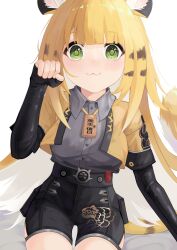 1girl :3 animal_ear_fluff animal_ears black_gloves black_shorts blonde_hair blunt_bangs blush chinese_text closed_mouth collared_shirt colored_inner_hair elbow_gloves fingerless_gloves gloves green_eyes grey_hair grey_shirt hand_up jacket ju_fufu long_hair long_sleeves looking_at_viewer multicolored_hair open_clothes open_jacket paw_pose shirt short_shorts shorts simple_background sitting smile solo tail tiger_ears tiger_girl tiger_tail two-tone_hair very_long_hair white_background wuchao zenless_zone_zero