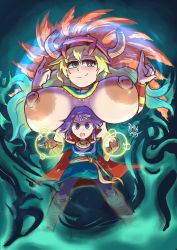 age_difference aztec blonde_hair boots breast_rest breasts breasts_on_head colored_skin cosplay doctor_strange_(series) dragon horn huge_breasts kobayashi-san_chi_no_maidragon lucoa_(maidragon) magatsuchi_shouta magic marvel nipples parody rimpinvaca smile topless_female white_skin