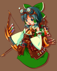 1girl arrow_(projectile) backpack bag belt black_eyes black_hair bottle bow bow_(weapon) brown_background brown_bag brown_belt commentary_request cookie_(touhou) detached_sleeves dress full_body green_bow green_dress hair_bow hair_tubes hakurei_reimu holding holding_bow_(weapon) holding_weapon looking_at_viewer open_mouth potion quiver sakenomi_(cookie) short_hair simple_background sleeveless sleeveless_dress smiley_face solo steampunk touhou triangle_mouth ukiwagirl vial weapon white_sleeves