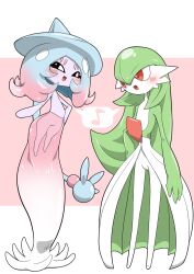black_sclera blue_hair blush bob_cut colored_sclera colored_skin dress gardevoir gen_3_pokemon gen_8_pokemon green_hair green_skin hat hatterene highres kazamidoririnn long_hair multicolored_skin nintendo pink_background pink_skin pokemon pokemon_(creature) prehensile_hair two-tone_skin white_dress white_skin witch_hat