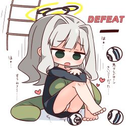 Rule 34 | 1girl, :o, ?, barefoot, black shirt, blue archive, blunt bangs, blush, commentary request, defeat, empty eyes, full body, green eyes, grey hair, halo, hana kazari, hare (blue archive), highres, knees up, ladder, long hair, long sleeves, open mouth, panties, pussy juice, shirt, simple background, sitting, solo, sweat, underwear, white background, white panties, yellow halo