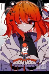 2girls a.i._voice adachi_rei black_shirt gloves highres hood hood_down hooded_jacket jacket long_sleeves looking_at_another mei_(meiday_mise) mini_person minigirl multiple_girls netsu_ijou_(utau) open_clothes open_jacket orange_eyes orange_hair shirt standing upper_body utau white_gloves white_jacket