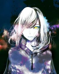 Rule 34 | 1girl, closed mouth, commentary request, hair over one eye, hood, hood down, hoodie, looking at viewer, medium hair, real life, sayuri (singer), solo, upper body, yellow eyes, yokoyari mengo