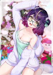 1girl :d aqua_ribbon blonde_hair breasts camisole christmas_tree commentary_request commission double_bun fang feather_hair_ornament feathers frilled_camisole frills glasses green-framed_eyewear green_camisole hair_bun hair_ornament hair_ribbon highres hood hooded_jacket jacket kneeling lua_asuka medium_hair open_clothes open_jacket open_mouth production_kawaii purple_hair ribbon seta_(seta105) side_up_bun skeb_commission smile socks solo teeth tongue v virtual_youtuber white_jacket white_socks yellow_eyes