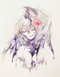 Rule 34 | age iro, au ra, blue horns, breasts, final fantasy, final fantasy xiv, flower, horns, nude, painting (medium), red flower, red rose, rose, small breasts, traditional media, watercolor (medium)