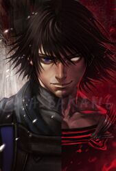 1boy artist_name black_hair blank_eyes blue_eyes caim_(drag-on_dragoon) closed_mouth collarbone drag-on_dragoon drag-on_dragoon_1 highres looking_at_viewer male_focus sa_bakan6 short_hair smile solo straight-on upper_body watermark