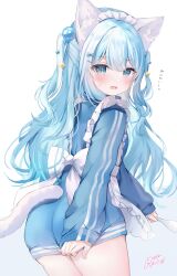 1girl absurdres animal_ear_fluff animal_ears apron ass blue_eyes blue_hair blue_jacket blush cat_ears cat_girl cat_tail commentary_request commission frilled_apron frills from_behind gradient_background grey_background hair_between_eyes highres indie_virtual_youtuber jacket jacket_tug jersey_maid long_hair long_sleeves maid natsumiya_ramune open_mouth puffy_long_sleeves puffy_sleeves rucaco signature skeb_commission solo sweat tail track_jacket translation_request two_side_up unconventional_maid very_long_hair virtual_youtuber wavy_mouth white_apron white_background