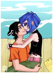 beanie belt black_hair black_tank_top blue_hair carrying cartoon_network couple ed_edd_n_eddy edd_(ed_edd_n_eddy) fence green_pants hat hug marie_kanker orange_shirt pants plank_(ed_edd_n_eddy) poliip shirt sky smile spiked_wristband tank_top wristband