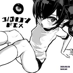 1girl ;o arm_support backbeako_(torotei) backbeard blush breasts buruma commentary dated dated_commentary feet_out_of_frame gegege_no_kitarou greyscale gym_shirt gym_uniform hair_over_one_eye hair_ribbon knees_up kono_lolicon_domome long_hair looking_at_viewer monochrome one_eye_closed open_mouth original paid_reward_available pointy_ears ribbon shirt short_sleeves simple_background sitting small_breasts socks solo torotei translated twintails watermark web_address white_background
