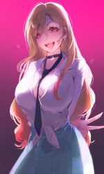 Rule 34 | 1girl, absurdres, alternate breast size, arms behind back, between breasts, black choker, black necktie, blonde hair, blue shirt, blush, breasts, choker, cleavage, collarbone, collared shirt, colored tips, commentary request, cowboy shot, ear piercing, earrings, gradient background, gyugyu (swzv4743), heart, highres, hoop earrings, jewelry, kitagawa marin, korean commentary, large breasts, long sleeves, looking at viewer, loose necktie, multicolored hair, necktie, necktie between breasts, open mouth, piercing, pink background, pink eyes, school uniform, shirt, solo, sono bisque doll wa koi wo suru, summer uniform, tied shirt, v, white shirt