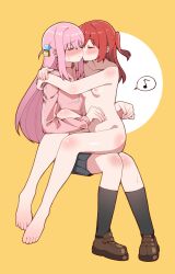 ... 2girls arms_around_neck black_skirt black_socks blush bocchi_the_rock! breasts brown_shoes closed_eyes closed_mouth clothed_female_nude_female commentary compa completely_nude cube_hair_ornament english_commentary gotoh_hitori hair_ornament highres jacket kiss kissing_cheek kita_ikuyo kneehighs loafers long_hair multiple_girls n0_image nipples nude one_side_up pink_hair pink_jacket pleated_skirt red_hair shoes sitting sitting_on_lap sitting_on_person skirt small_breasts socks spoken_ellipsis sweat toes track_jacket white_background yellow_background yuri