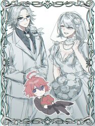 1girl 2boys absurdres ahoge aotsuki_eito bead_necklace beads black_shirt black_streaks black_suit blue_eyes bouquet braid bridal_veil bride chibi chibi_inset closed_eyes collared_shirt commentary dress english_commentary farewellomo flower formal_clothes frilled_hairband frills glasses grey_hair groom hairband hand_up highres holding holding_bouquet jewelry kirifuji_nozomi light_blush light_smile long_hair looking_at_viewer multicolored_hair multiple_boys necklace necktie purple_eyes red_flower red_hair shirt short_hair simple_background sketch smile streaked_hair suit sumino_takumi sweatdrop the_hundred_line_-last_defense_academy- veil wedding_dress white_dress white_flower white_necktie white_suit