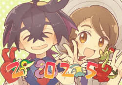 1boy 1girl 2025 :d black_hair blush braid brown_eyes brown_hair closed_eyes colored_inner_hair commentary_request creatures_(company) crossed_bangs dunsparce ekans eyelashes game_freak gen_1_pokemon gen_2_pokemon gen_5_pokemon gloves hair_between_eyes hands_up hat hydrapple juliana_(pokemon) kabuyou kieran_(pokemon) multicolored_hair necktie nintendo open_mouth pokemon pokemon_sv red_gloves shirt single_glove smile snivy