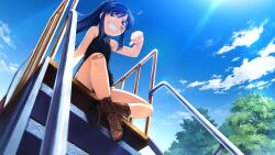 1girl aged_down bandaid bandaid_on_face bandaid_on_knee bandaid_on_leg bare_shoulders black_shirt black_shorts blue_eyes blue_hair boots breasts brown_boots cloud cutoffs day from_below game_cg grisaia_(series) grisaia_no_meikyuu kusakabe_asako lace-up_boots long_hair looking_at_viewer looking_down non-web_source open_mouth outdoors playground ponytail railing shirt short_shorts shorts sitting sky sleeveless sleeveless_shirt small_breasts smile solo stairs teeth thumbs_down tree watanabe_akio wide_shot