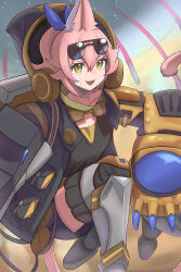 1girl black_hoodie black_jacket black_shorts desert duel_monster eyewear_on_head gauntlets highres hood hoodie jacket jay_b_098 kitt_(yu-gi-oh!) pink_hair shorts smile springans_kitt sunglasses thighhighs yellow_eyes yu-gi-oh! zettai_ryouiki