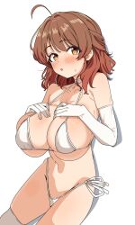 1girl :o ahoge bikini blush breasts brown_hair choker gakuen_idolmaster hanami_ume highres idolmaster large_breasts looking_at_viewer medium_hair open_mouth seihekiog side-tie_bikini_bottom sideboob simple_background solo swimsuit thighhighs thighs underboob white_background white_bikini white_choker white_thighhighs
