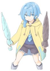 Rule 34 | 1girl, akara kai, asymmetrical hair, black shorts, black umbrella, blue eyes, blue hair, blue shirt, blue umbrella, dual wielding, feet out of frame, frilled shorts, frills, highres, holding, holding umbrella, hood, hood down, kantai collection, looking at viewer, minazuki (kancolle), minazuki (rainy season) (kancolle), raincoat, school uniform, serafuku, shirt, short hair, short hair with long locks, shorts, simple background, solo, umbrella, white background, yellow raincoat