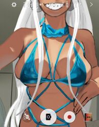 1girl blue_bra blue_panties boku_no_hero_academia bra breasts cellphone dark-skinned_female dark_skin hand_on_own_hip large_breasts lingerie long_hair looking_at_viewer mirko navel panties phone piece_(desenhistadehen) rabbit_girl selfie smartphone smile solo taking_picture underwear white_hair