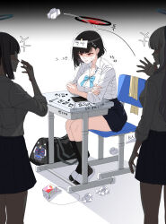 3girls absurdres aged_down alternate_costume alternate_hair_length alternate_hairstyle bag black_hair black_halo black_socks blue_archive blue_bow blue_bowtie blunt_bangs bow bowtie breasts bullying chair classroom cleavage closed_mouth collared_shirt commentary_request crossed_arms desk dress_shirt glasses hair_behind_ear hair_ornament hairclip halo highres kkuyangitang1 korean_commentary large_breasts long_hair looking_down milk_carton millennium_science_school_student_(blue_archive) millennium_science_school_student_a_(blue_archive) millennium_science_school_student_b_(blue_archive) miniskirt multiple_girls paper paper_on_head pleated_skirt red_eyes rio_(blue_archive) school_bag school_desk school_uniform shirt shirt_tucked_in short_hair sitting skirt sleeves_rolled_up slippers socks solo_focus standing tearing_up throwing translation_request white_shirt writing