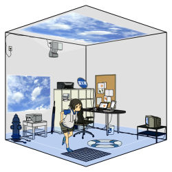1girl akg chair cloud computer computer_keyboard female_focus fire_hydrant flippers headphones innertube laptop oil-paper_umbrella original printer projector ruri_(uewtsol) sky solo swim_ring television trash_can uewtsol umbrella water