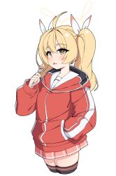 Rule 34 | 1girl, absurdres, ahoge, black thighhighs, blonde hair, blue archive, bow, brown eyes, cropped legs, eating, food, food on face, fork, hair between eyes, hair bow, halo, hand in pocket, highres, holding, holding fork, hood, hood down, hoodie, light blush, long hair, long sleeves, looking at viewer, miniskirt, open mouth, pink skirt, pleated skirt, puffy long sleeves, puffy sleeves, red hoodie, sanbi1313, sidelocks, skirt, solo, thighhighs, twintails, white bow, yellow halo, yoshimi (blue archive)