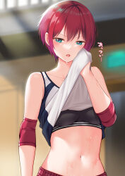 1girl absurdres alternate_costume amate_yuzuriha aqua_eyes black_sports_bra blurry blurry_background breasts clothes_lift collarbone elbow_pads elto_0079 gundam gundam_gquuuuuux highres indoors lifting_own_clothes medium_breasts midriff navel open_mouth red_hair shirt shirt_lift short_hair sleeveless sleeveless_shirt solo sports_bra stomach upper_body white_shirt wiping_sweat