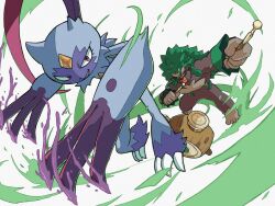 bright_pupils claws debudebumetabo drum drumsticks fang forehead_jewel furry gen_8_pokemon grin highres holding instrument nintendo orange_eyes pokemon pokemon_(creature) red_eyes rillaboom simple_background smile sneasler white_background white_pupils