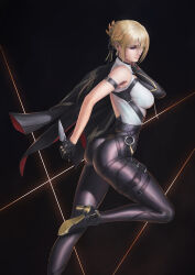 1girl ass backless_shirt black_gloves black_pantyhose blonde_hair braid breasts captdiablo commentary earrings english_commentary evelyn_chevalier gloves hair_over_one_eye high_heels highres holding holding_sword holding_weapon jacket jacket_over_shoulder jewelry large_breasts pants pantyhose purple_eyes reverse_grip shirt sleeveless sleeveless_shirt solo sword tight_clothes tight_pants uneven_bangs unworn_jacket weapon zenless_zone_zero