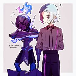 Rule 34 | +++, 1boy, ?, amethio (pokemon), arms behind back, black pants, border, ceruledge, collared shirt, commentary request, copituji, highres, looking down, loose hair strand, male focus, multicolored hair, nintendo, outline, outside border, pants, pokemon, pokemon (anime), pokemon (creature), pokemon horizons, shirt, short hair, translation request, two-tone hair, white border