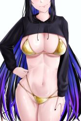 1girl absurdres bikini black_hair black_nails breasts fingernails gold_bikini hand_on_own_hip hand_on_own_thigh highres hololive hololive_english large_breasts lips long_hair multicolored_hair nail_polish nerissa_ravencroft shikuroo0 smile solo solo_focus stomach swimsuit thighs virtual_youtuber