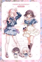 2girls :o ;) ;o absurdres akiyama_mizuki arm_up bag bare_shoulders bead_bracelet beads belt black_belt blue_jacket blue_ribbon blue_shirt blush border bracelet brown_eyes brown_hair brown_socks character_name chibi chibi_inset closed_mouth collared_shirt commentary drop_shadow full_body grid_background hair_ornament hand_up heart heart_background highres jacket jewelry kheng_(k_heng1223) kneehighs leaf_hair_ornament long_hair long_sleeves looking_at_viewer mary_janes multiple_girls neck_ribbon necklace off-shoulder_shirt off_shoulder one_eye_closed open_clothes open_jacket open_mouth outline pink_border pink_eyes pink_hair project_sekai ribbon shinonome_ena shirt shoes short_hair short_sleeves shoulder_bag signature skirt smile sneakers socks standing thighhighs v white_background white_outline white_shoes white_skirt white_thighhighs zettai_ryouiki