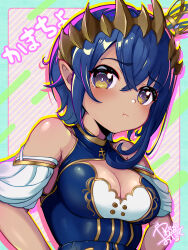 Rule 34 | 1girl, :t, absurdres, blue hair, blue shirt, blush, breasts, brown horns, cleavage, cleavage cutout, closed mouth, clothing cutout, commentary request, demon girl, demon horns, detached sleeves, hair between eyes, highres, horns, looking at viewer, medium breasts, nanashi inc., pointy ears, puffy detached sleeves, puffy sleeves, purple eyes, shimamura charlotte, shimamura charlotte (9th costume), shirt, short hair, sleeveless, sleeveless shirt, solo, upper body, virtual youtuber, white sleeves, yawaraka oniku hatto