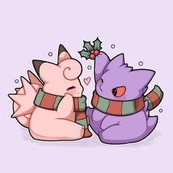 Rule 34 | absurdres, berry, blush, christmas, claws, clefable, closed eyes, colored sclera, commentary, english commentary, gen 1 pokemon, gengar, heart, highres, nintendo, no humans, pink hair, pokemon, pokemon (creature), red eyes, red sclera, sevi (seviyummy), sitting, wings