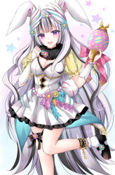 1girl animal_ears black_hair blush bow breasts broken broken_chain chain chained_legs cleavage dress easter_egg egg feather_hair_ornament feathers fire_emblem fire_emblem_engage fire_emblem_heroes grey_hair hair_ornament highres holding holding_egg kirishima_riona long_hair looking_at_viewer multicolored_hair nintendo official_alternate_costume open_mouth pleated_dress polka_dot polka_dot_scarf polka_dot_sleeves purple_eyes rabbit_ears scarf smile solo streaked_hair two-tone_hair very_long_hair veyle_(fire_emblem) veyle_(spring)_(fire_emblem) wavy_hair white_dress wing_hair_ornament