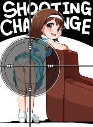 Rule 34 | 1girl, :d, ass, blush, breasts, brown eyes, brown hair, character request, dress, english text, full body, headband, looking at viewer, medium breasts, open mouth, panties, short hair, skirt, smile, solo, underwear, white panties, yuuya (blue scarab)