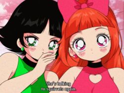 1990s_(style) 2girls aged_up animification annoyed bad_id bad_twitter_id bare_shoulders black_choker black_hair blossom_(ppg) blunt_bangs blush_stickers bow bright_pupils buttercup_(ppg) buttons cherry_blossoms choker closed_mouth clothing_cutout commentary covered_collarbone day diamond_button diamond_cutout dot_nose earrings english_commentary english_text expressionless eyelashes fake_screenshot faux_retro_artstyle film_grain green_eyes green_shirt hair_bow hand_on_own_face heart heart_cutout heart_earrings high_ponytail honeymoonpetal jewelry long_hair multiple_girls orange_hair outdoors parted_bangs parted_lips pink_bow pink_eyes pink_shirt ponytail powerpuff_girls retro_artstyle shirt short_hair siblings sisters sleeveless sleeveless_shirt spring_(season) tareme tree tsurime upper_body very_long_hair whispering white_pupils
